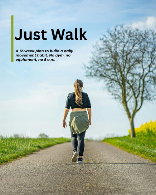 Just Walk guide cover — a woman walking away down a quiet paved country road lined with grass and a bare tree